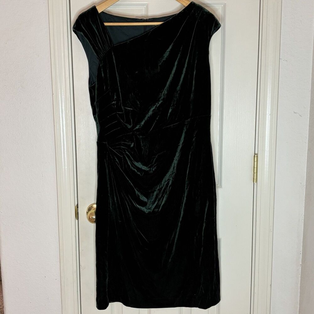 Lauren Ralph Lauren Holiday Green Asymmetrical Ruched Velvet Dress Women’s 12